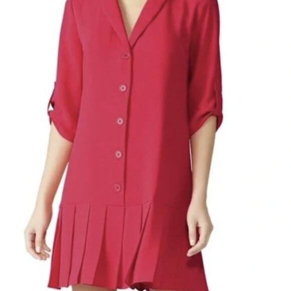 Amanda Uprichard Red Anaheim Pleated Hem Button Front Shirt Dress Size Medium - Picture 1 of 10